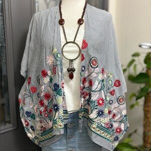 Francesca’s Striped Multi Colored Embroidered Flowers Bohemian Cocoon Vest